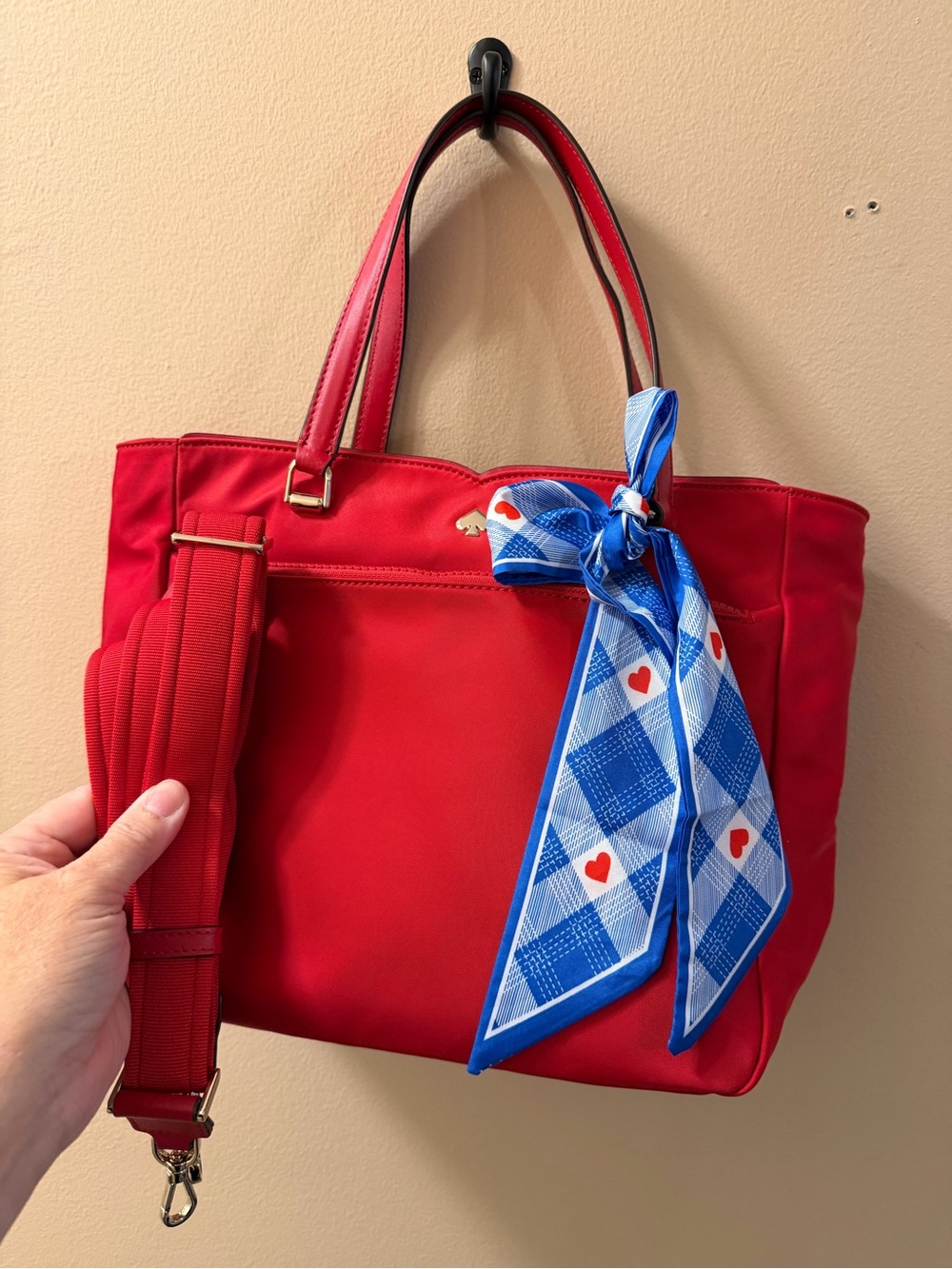 Kate Spade Red Women's Tote Bag with Blue Scarf Accent and crossbody strap